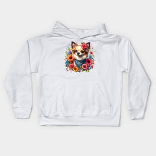 A chihuahua with beautiful colorful flowers Kids Hoodie
